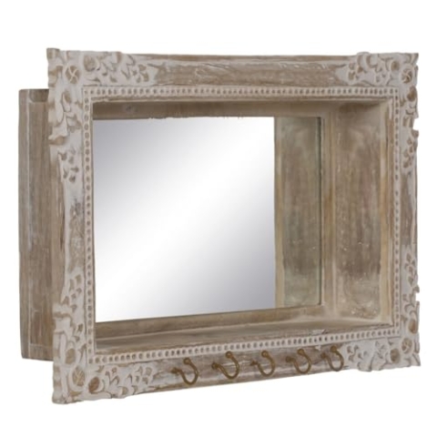 BigBuy Home Wandspiegel, Weiß, Beige, Glas, Mangoholz, MDF, vertikal, 61 x 10,79 x 38 cm