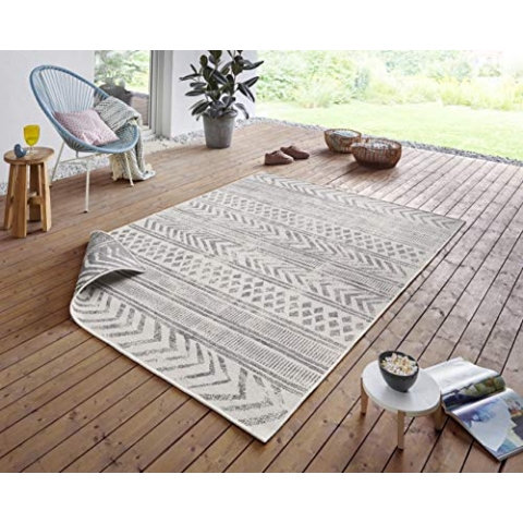 NORTHRUGS In- und Outdoor Teppich Biri 240x340 cm - Wendeteppich Wetterfest Boho Style Vintage Design Teppich für Balkon Terrasse Garten Wintergarten Wohnzimmerteppich Wasserfest in Grau Creme