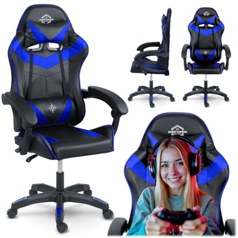 Sofotel Gaming Stuhl Ergonomisch - Bürostuhl - mit Armlehnen, Rückenkissen, Kopfstütze - bis 120 kg - Draknor Blau Schwarz