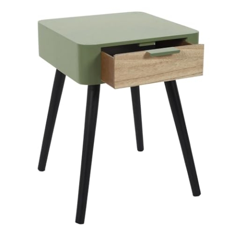 HOME DECO FACTORY Nachttisch mit 1 Schublade, Holz, Khakigrün, Schwarz, 35x48x40cm