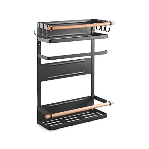 PureMounts® Magnetisches Seiten-Regal, belastbar bis 12kg, Hänge-Regal mit abnehmbaren Haken und Holzstäben, schwarz