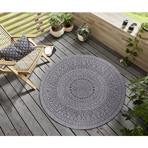 Northrugs Porto In- und Outdoor Teppich Rund – Runder Wendeteppich Wasserfest Mandala Design Flachgewebe Teppich Wetterfest für Balkon, Terrasse, Garten, Wohnzimmer in Night Silber, ⌀240cm