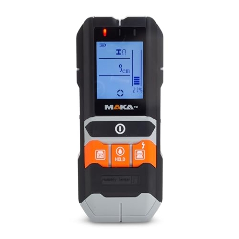 MAKA 5-in-1 Leitungsdetektor und Feuchtigkeitsmesser - Multifunktionaler Wandscanner-Detektor für Holz/Metall/Wechselstromkabel mit hörbarer Warnung - Feuchtigkeitsmessung in Holz/Bauwesen