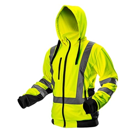 NEO TOOLS Herren Sicherheitsjacke mit reflektierenden Streifen, Warnschutzjacke mit Kapuze, Stehkragen, Innenfutter Fleece, Pulli Berufsjacke Warnjacke Langarm, neon gelb, Gr.S