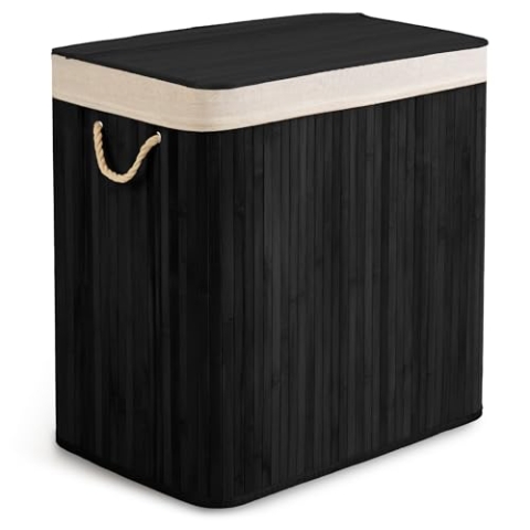 Massido Wäschekorb 3 Fächer 150 L - mit Deckel und Wäschesack - Wäschesammler aus Bambus - Wäschesortierer - Schwarz - 61 x 62 x 42 cm