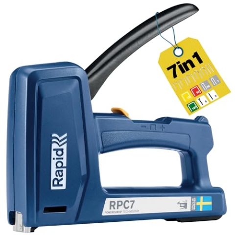 Rapid RPC7 Handtacker 7-in-1 - zum Polstern, Kabelbefestigen, Tackern von Holz - kompatibel mit Fein und Flachdrahtklammern, Nägeln, Kabelklammern - weniger Kraftaufwand - Made in Sweden