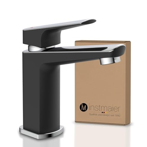 instmaier B2 | Wasserhahn für Bad | Waschtischarmatur in Chrom Schwarz | Armatur mit einfacher Montage | Einhebelmischer Waschbecken | Mischbatterie aus Messing | Premium Qualität