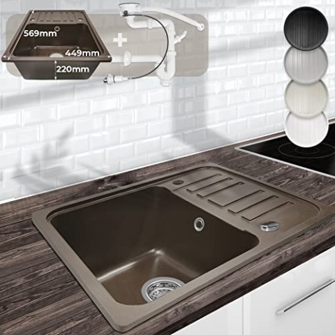 Aquamarin® Spülbecken - Granit, ca. 56,9 x 44,9 cm, mit umkehrbarer Abtropffläche, Ablaufgarnitur, Rechteckig, Reversibel, Gesprenkelt, in Braun - Einbauspüle, Spüle, Verbundspüle, Küchenspüle