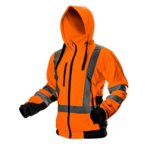 NEO TOOLS Herren Sicherheitsjacke mit reflektierenden Streifen, Warnschutzjacke mit Kapuze, Stehkragen, Innenfutter Fleece, Pulli Berufsjacke Warnjacke Langarm, orange, Gr.S
