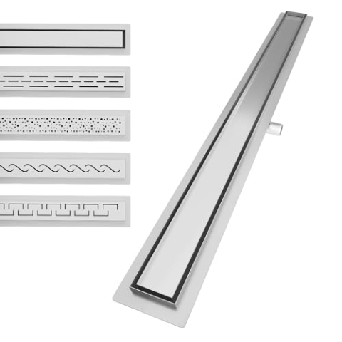 Aquamarin® Duschrinne - 130 cm, Komplettset, mit Siphon, Haken, verstellbare Füße, aus Edelstahl, Gebürstet, Befliesbar, Flach - Duschablauf Linear, Bodenablauf, Ablaufrinne, Duschabfluss, Ablauf