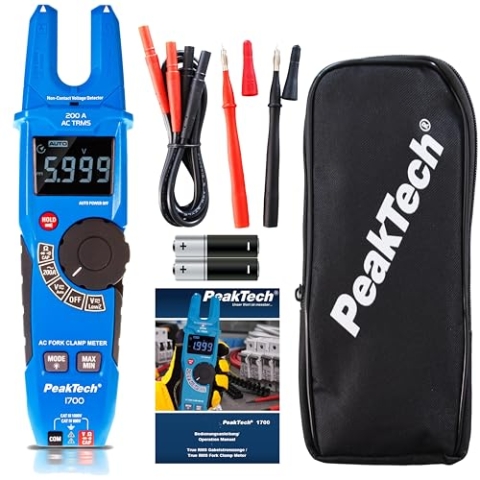 PeakTech 1700 – TRUE RMS Gabelstromzange 200 A AC, Spannungsdetektor mit LCD Anzeige, Gabelförmiges Zangenmessgerät, Berührungsloser Spannungsmesser, Durchgangsprüfer, Prüfgerät - Max. 1000 V, Blue