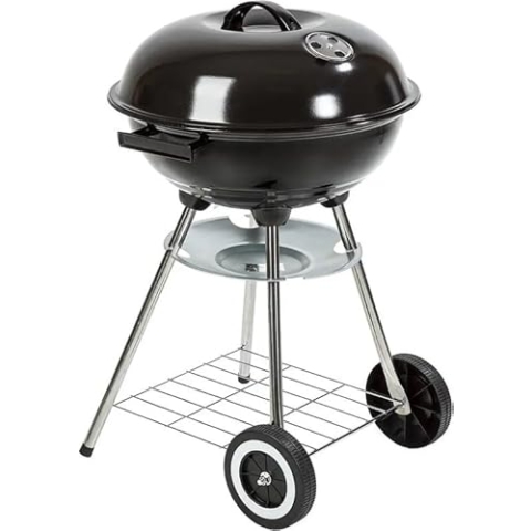 YAR Holzkohle Kugelgrill mit Deckel – BBQ Grill mit Rädern – Rundgrill aus Metall – 45 x 60 cm – mobiler Grill für Garten, Terrasse, Camping, Outdoor – Schwarz – leicht zu transportieren