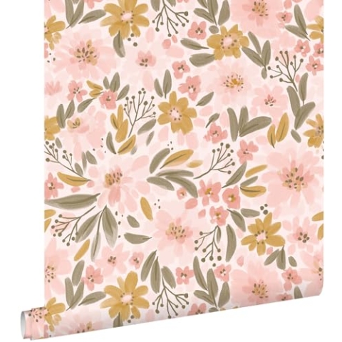 Tapete Blumen Hellrosa, Ockergelb und Graugrün 50 x 900 cm - von ESTAhome