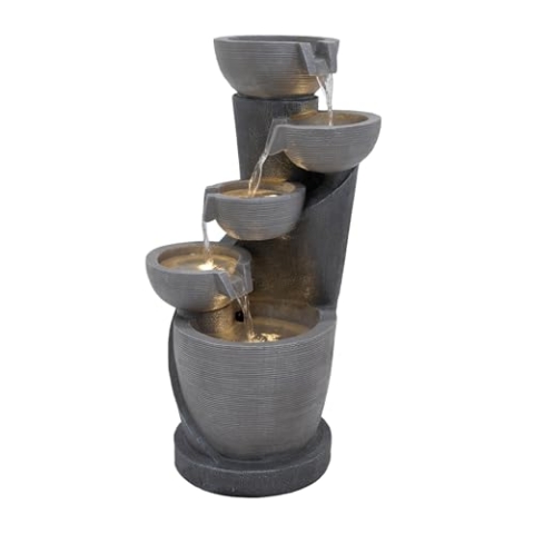 Kaskadierende Outdoor-Wasseranlage – Elektrischer Gartenbrunnen in Grau – 4 warmweiße LED-Leuchten – Netzbetriebene Pumpe – Deko für Garten & Zuhause – Illusion Lagoon – Reinigungsbürste