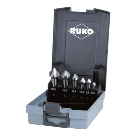 RUKO Kegel- und Entgratsenker-Satz DIN 335 Form C 90° ASP in Industriekassette, Hochleistungs-Schnellarbeitsstahl, robust, rechtsschneidend, 6-teilig