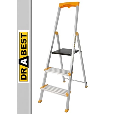 DRABEST Trittleiter 3 Stufen Klappbar - Alu Leiter - Stabiler Klappleiter mit Ablage und Breiten Stufen - 120 mm, rutschfest - Leiter für Hausgebrauch und Arbeit - bis 150kg