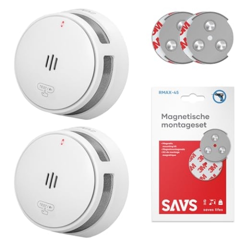 SAVS S10 Stand-Alone-Rauchwarnmelder - Integrierte 10-Jahres-Batterie - Optischer Doppelsensor - Fernbediente Mute-Funktion - Magnetische Montage ohne Bohren - Schlankes Design - Weiß - 2er Set