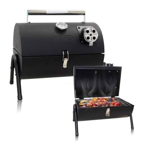 Muntel Räuchergrill, Holzkohlegrill, Smoker, Räucherofen, Tragbarer, Klappbarer BBQ Zylindergrill für Camping, Edelstahl-Griff, Thermometer, Grillrost, Schwarz