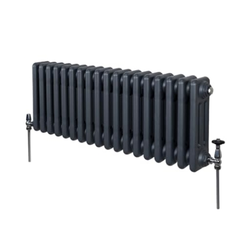 Traditioneller 3-Spalten-Heizkörper 300 x 832mm | Horizontaler Wandheizkörper | Matt Anthrazit Grau Kohlenstoffstahl | Wohn- Badezimmer Küche [Inkl. Reinigungsbürste, Befestigungsset & Halterungen]