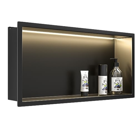 Bernkot Wandnische Dusche Edelstahl mit LED-Streifenlicht, 60 cm x 30 cm, Wasserdicht - Keine Fliesen Erforderlich, Badezimmer Lagerung, Nische, Matt Schwarz