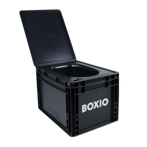 BOXIO - Toilet: Campingtoilette 40x30 kompakt, Mobile Trockentrenntoilette ohne Chemie für Camping, Van, Outdoor, Dachzelt: Toilette auf Eurobox Basis ohne Strom für unterwegs, schwarz