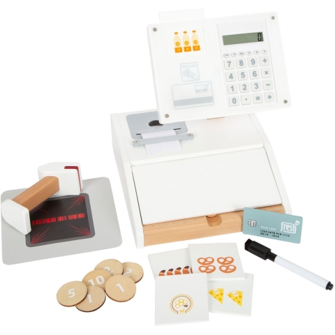 Smallfoot Kasse „fresh“ | Spielkasse | Material: Kunststoff, Holz, Papier/Pappe | großzügiger Ausstattung | schult Umgang mit Geldbeträgen und Preisen