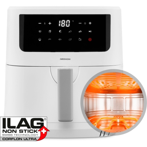 Medion LIFE P10 XL Duo (MD 11750) weiß | Heißluftfritteuse | 2 Heizelemente 2150 W | Herausnehmbarer Korb | Nutzinhalt 6,8 L | 9 Automatikprogramme