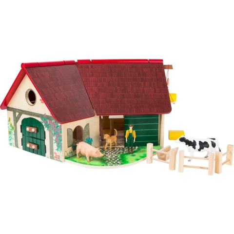 Small Foot Woodfriends Bauernhof 11005 | FSC 100% | aufklappbares Dach | Stall-Boxen | Flaschenzug | integrierte Magnete | detailgetreu gestaltet