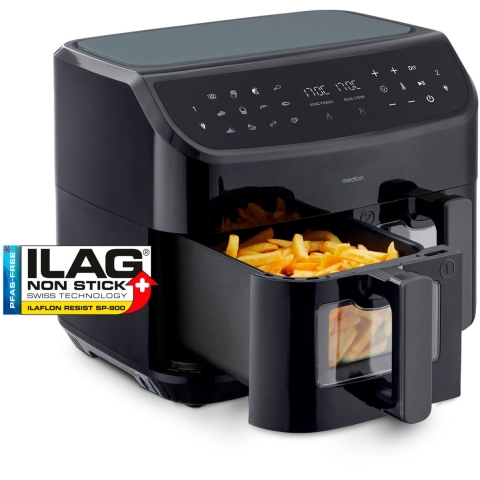 Medion MD 11760 | Heißluftfritteuse | 2 separate Metall Garkammern | Sync Finish | Dual Cook-Funktion | Sichtfenster | 9 Automatikprogramme | 4.35 L