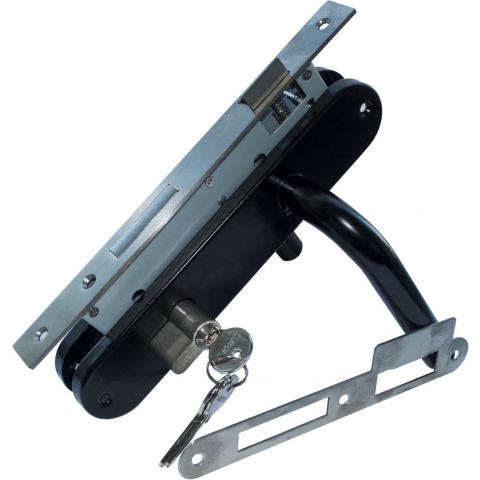 Eurofix Türschlossgarnitur PC85 schwarz Drücker/Schild oval Front und Schließblech Edelstahl