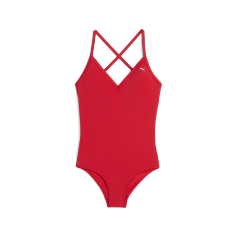 PUMA Swim Crossback Badeanzug Damen mit V-Ausschnitt, Kleidung, Rot, XS