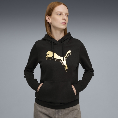 PUMA ESS Metallisch Hoodie Damen, Kleidung, Schwarz/Metallisch Gold, L