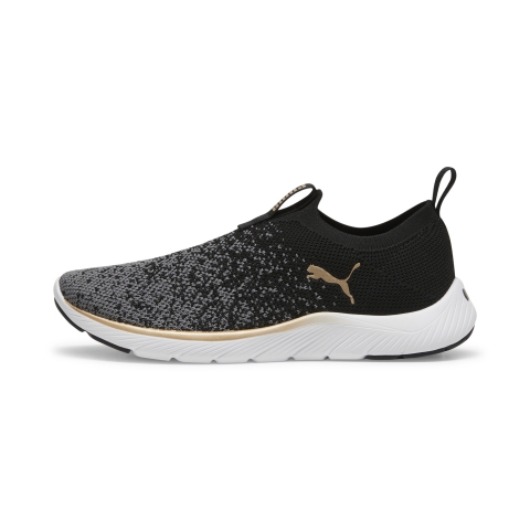PUMA Softride Premier Slip-On Strick-Laufschuhe Damen, Schuhe, Schwarz/Gold/Cool Dark Grau, 38.5