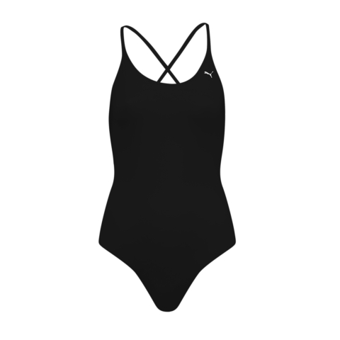 PUMA Swim Crossback Badeanzug Damen mit V-Ausschnitt, Kleidung, Schwarz, L