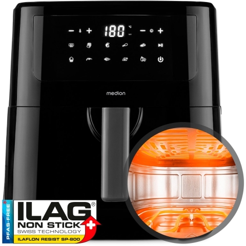 Medion LIFE P10 XL Duo (MD 11750) schwarz | Heißluftfritteuse | 2 Heizelemente 2150 W | Herausnehmbarer Korb | Nutzinhalt 6,8 L | 9 Automatikprogramme