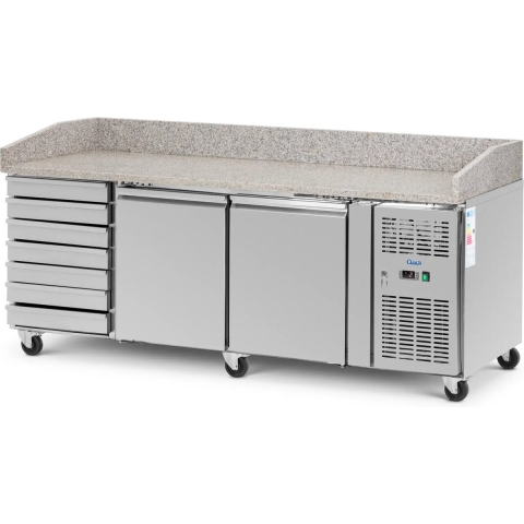 Kühltisch auf Rollen - 390 l - 2 Fächer - 7 Schubladen - 202 x 80 cm - Klasse B - Edelstahl - Royal Catering