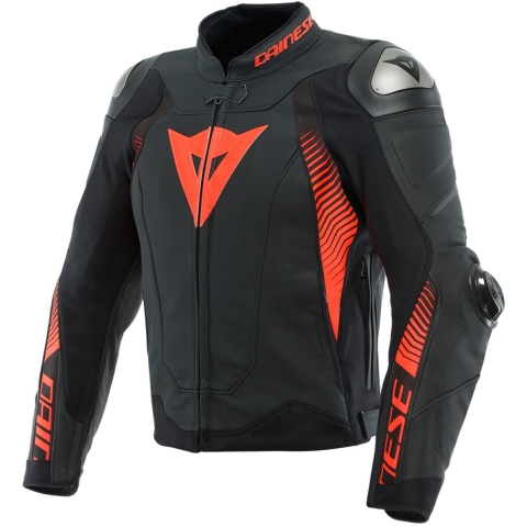 DAINESE Super Speed 4, Men's leather motorcycle jacket, Black-Fluo Red
