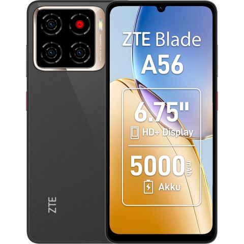 ZTE Blade A56 schwarz | Smartphone | 64 GB ROM | MicroSD Slot, bis zu 1TB | 4 GB RAM + 8 GB Dynamic RAM | 6.75 Zoll HD Display | 4G | 13 MP Hauptkamera