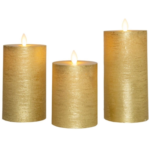 Stumpenkerze-USB-Wachs d7,5 cm gold 3er-Set