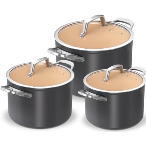 Ninja CW93000DE Premium Keramik grau | Topf-Set | 16 cm Topf | 18 cm Topf | 20 cm Topf | Spülmaschinengeeignet | Für alle Herdarten | backofenfest